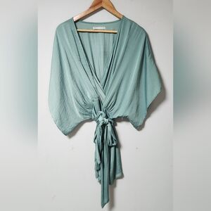 Urban Outfitters Green Satin Boho Tie Wrap Komono Sleeve Top Blouse S
